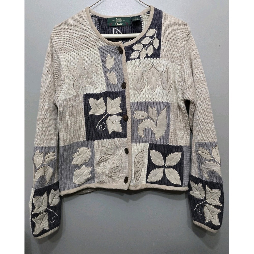 Orvis Womens Sweater Size XS Beige Gray Cardigan Embroidered Leaves Cottage VTG